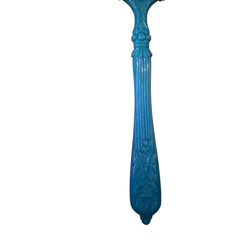 Vtg 60s Teal Blue Hand Mirror Floral Stained Glass Pattern Ornate Handle Retro